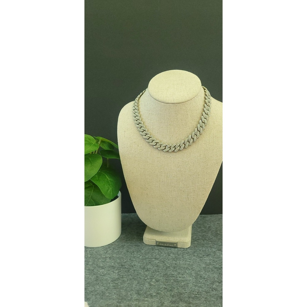 Vintage Rhinestone Curb Chain Choker Necklace Silver Tone 14in Statement Flaw - Picture 2 of 11